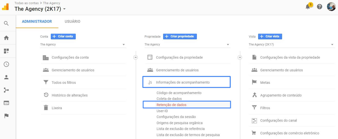 Menu de retenção de dados no Google Analytics