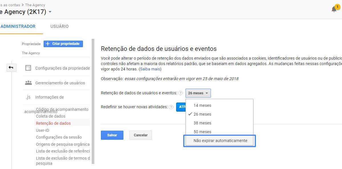 Opção de não expirar dados na Retenção de dados no Google Analytics