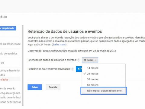 Opção de não expirar dados na Retenção de dados no Google Analytics