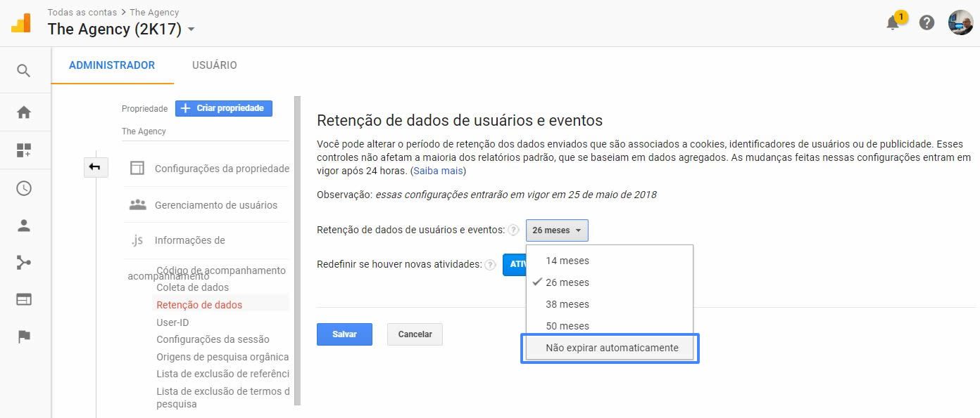 Opção de não expirar dados na Retenção de dados no Google Analytics